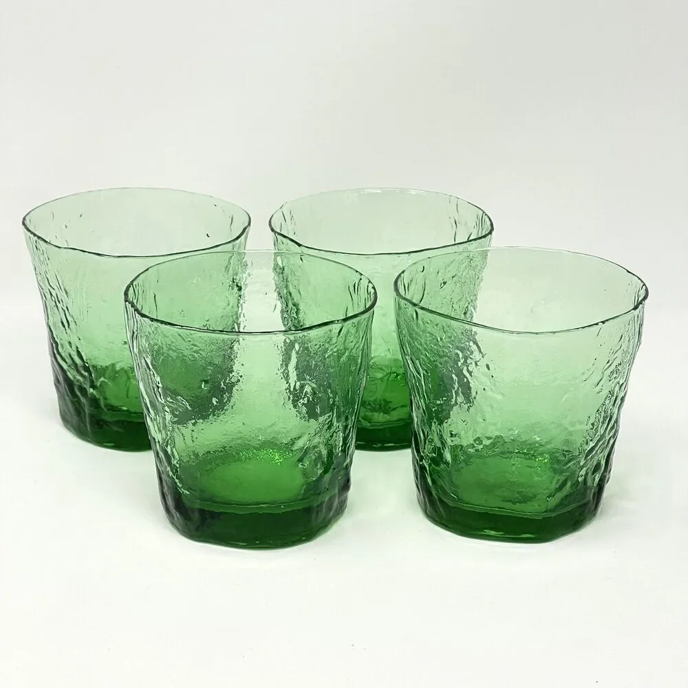 Vintage Morgantown Crinkle Green Double Old Fashioned Glasses MCM 3.5” Set Of 4